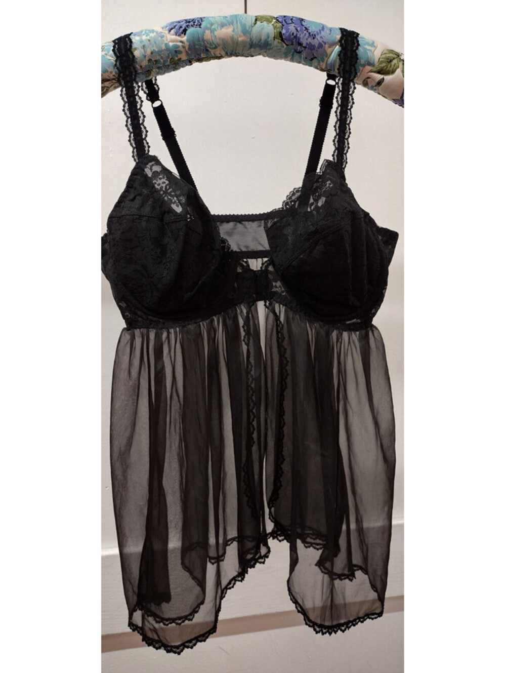 Vintage Chiffon Nylon Bra 38 DD Black Lace Baby Doll Lingerie Rare Padded 38DD